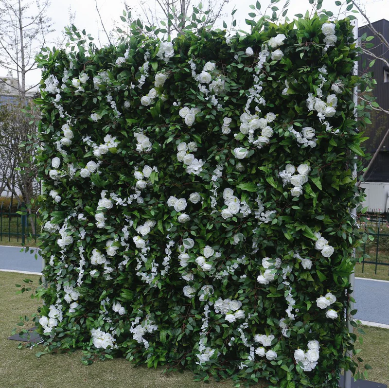 Muro de flores de tela artificial verde tela enrollable telón de fondo floral para fiesta