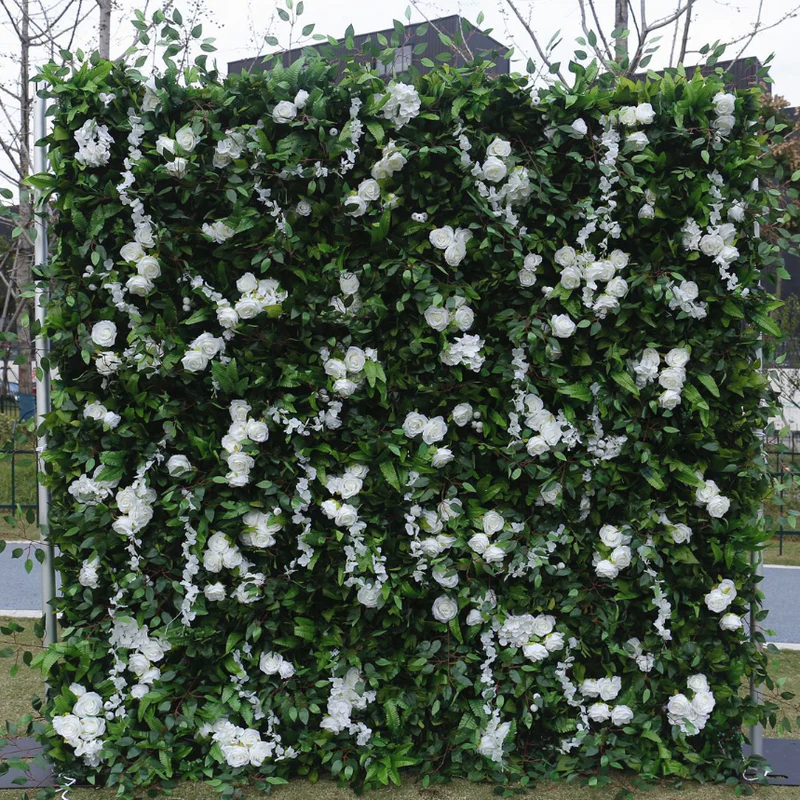 Muro de flores de tela artificial verde tela enrollable telón de fondo floral para fiesta