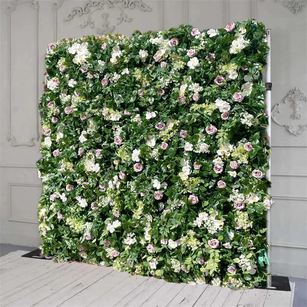 Muro de flores de tela artificial verde tela enrollable telón de fondo floral para fiesta